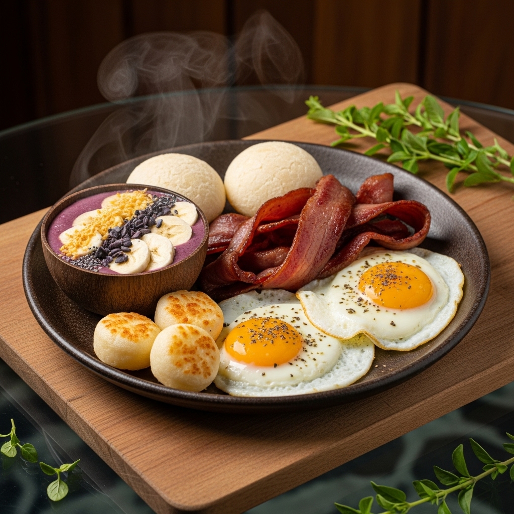 Gluten-Free Brazilian Breakfast Feast: Pão de Queijo, Churrasco Eggs, and Coconut-Banana Smoothie Bowl